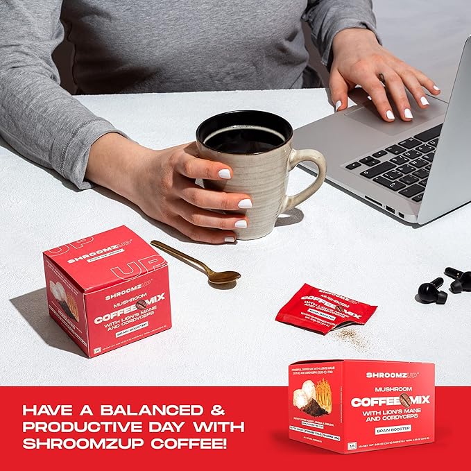 ShroomzUp Vegan Mushroom Coffee, Arabica Instant Coffee Mix With Lions Mane and Cordyceps for