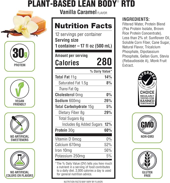 Lean Body Ready-to-Drink, Plant-Based Vegan Vanilla Caramel Protein Shake, 30g Protein, No