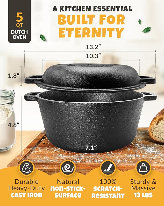 Cast Iron Dutch Oven for Bread Baking - incl. Sourdough Bread-Baking Supplies like Banneton