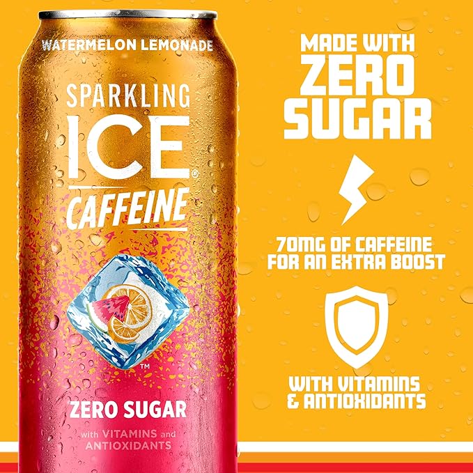 Sparkling Ice Caffeine Watermelon Lemonade Sparkling Water with Caffeine, Zero Sugar, with
