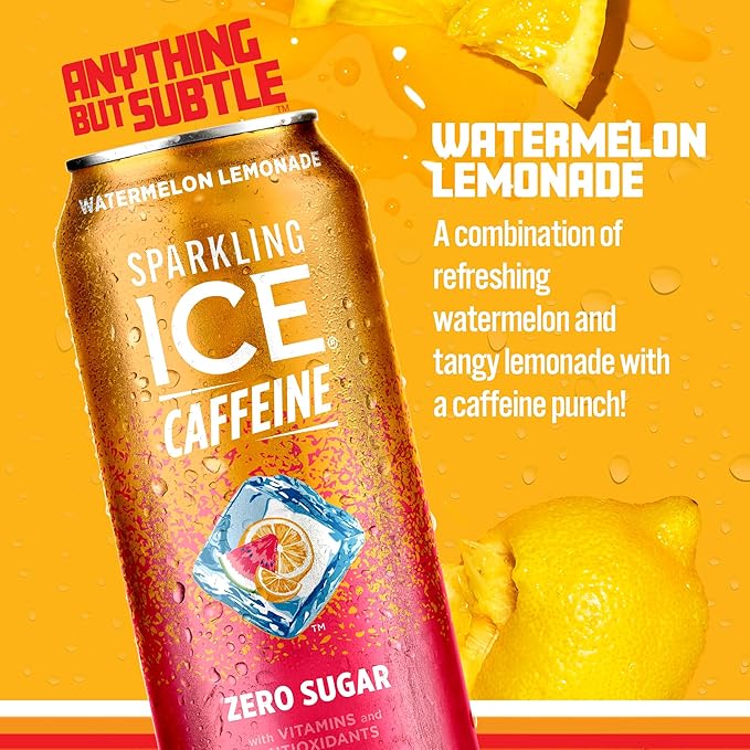 Sparkling Ice Caffeine Watermelon Lemonade Sparkling Water with Caffeine, Zero Sugar, with