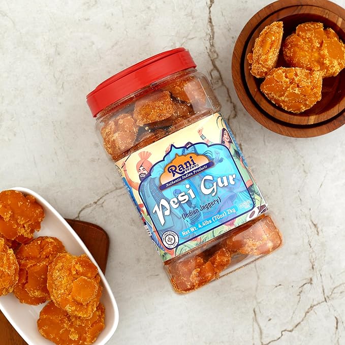 Rani Pesi Gur (Jaggery) Indian Unrefined Raw Cane Sugar 70oz (4.4lbs) 2kg PET Jar ~ Gluten Friendly
