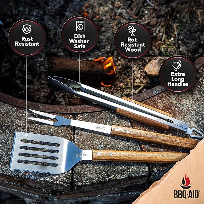 3 Piece BBQ Grilling Accessories Set - BBQ Tongs Spatula Fork Set - Heavy Duty Stainless Steel