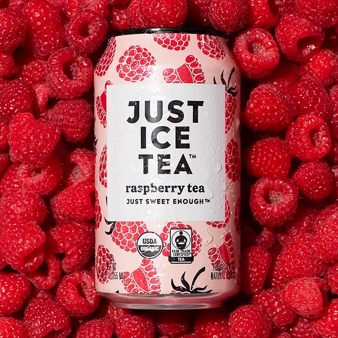 Just Ice Tea, Raspberry Flavored Black Iced Tea, 24-Pack (12oz Cans), USDA Certified Organic, Low