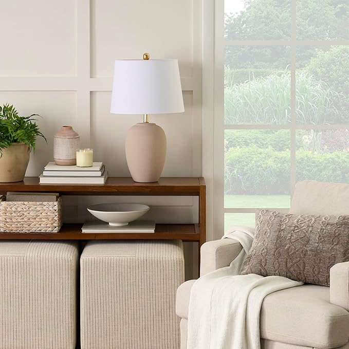 Nourison Home 23" Light Pink Ceramic Jar Table Lamp for Bedroom, Living Room, Dining Office, with