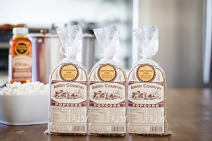 Amish Country Popcorn | 3-1 lb Bags | Ladyfinger Popcorn Kernels | Old Fashioned, Non-GMO and