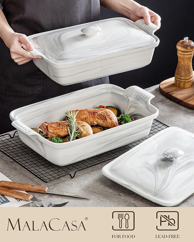 MALACASA Large Casserole Dish with Lid, 4.4 Quart Ceramic Baking Dish for Oven, 13 x 9 Lasagna Pan