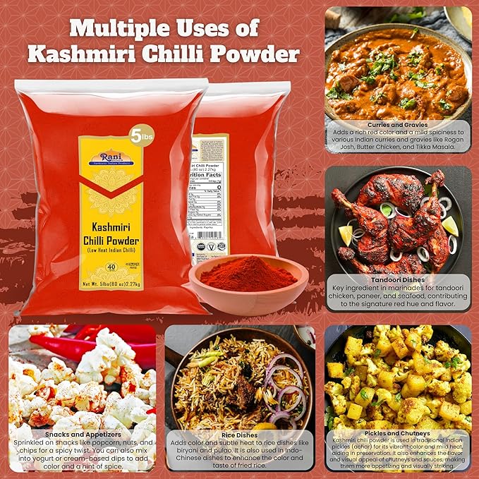 Rani Kashmiri Chilli Powder (Deggi Mirch, Low Heat) Ground Indian Spice 80oz (5lbs) 2.27kg Bulk ~