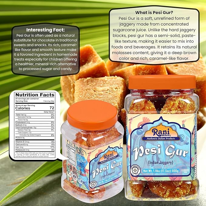 Rani Pesi Gur (Jaggery) Indian Unrefined Raw Cane Sugar 17.5oz (1.1lbs) 500g PET Jar ~ Gluten