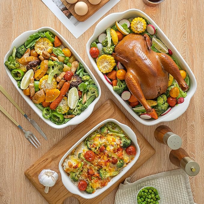 3-Pack Ceramic Baking Dishes Set,Heavy-Duty Oven-Safe Stoneware,Deep Rectangular Casserole Pans for