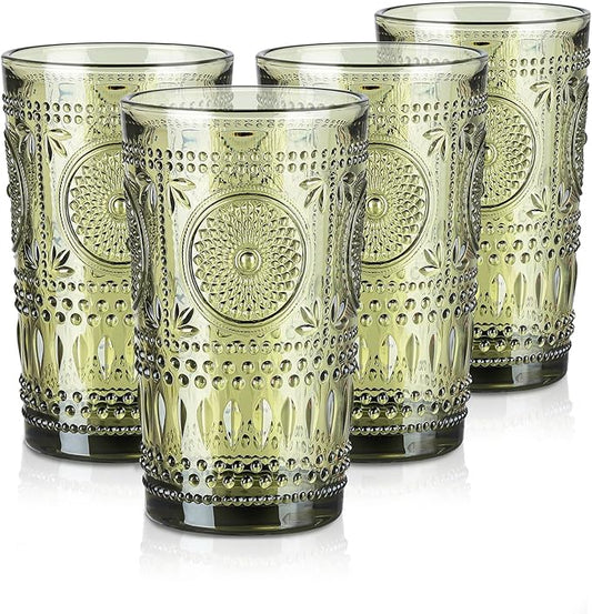 Joeyan Green Vintage Drinking Glasses,Embossed Boho Sunflower Highball Water Glass Tumbler,14 oz