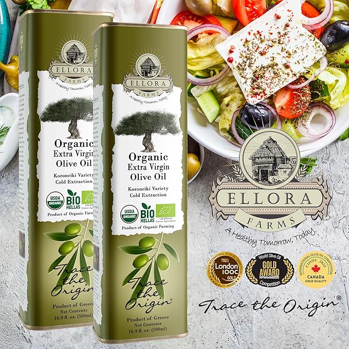 Ellora Farms, Organic Extra Virgin Olive Oil, Cold Press, Traceable Single Origin, Kosher, High
