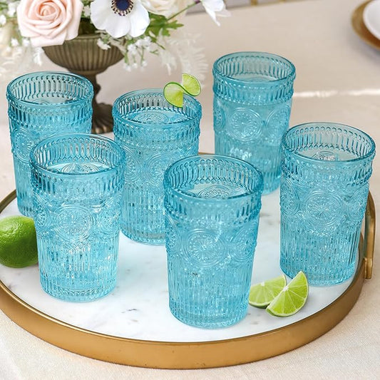 Kate Aspen Vintage Textured Aqua Blue Striped Drinking Glasses, Set of 6 (13oz)