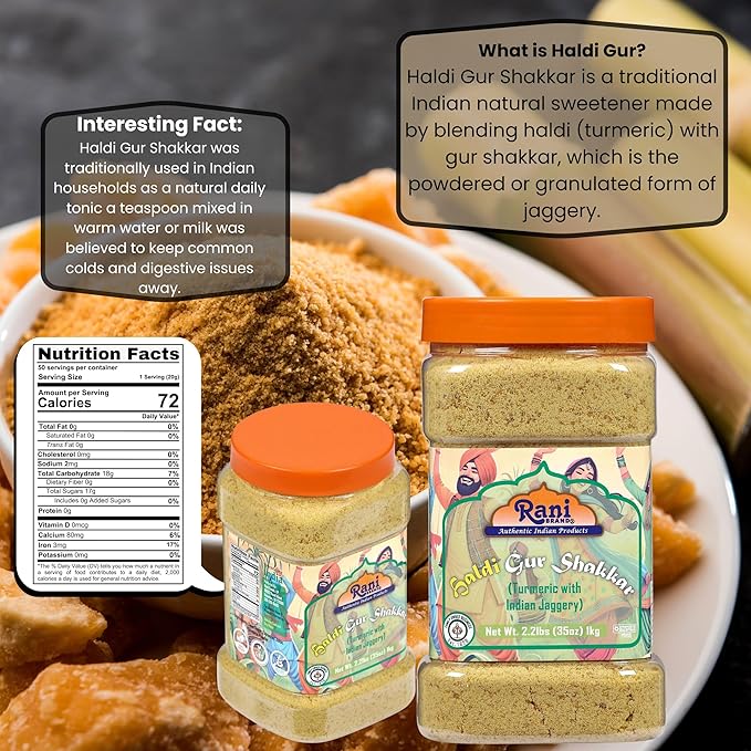 Rani Haldi Gur Shakkar (Turmeric with Indian Jaggery) Indian Unrefined Raw Cane Sugar 35oz (2.2lbs)