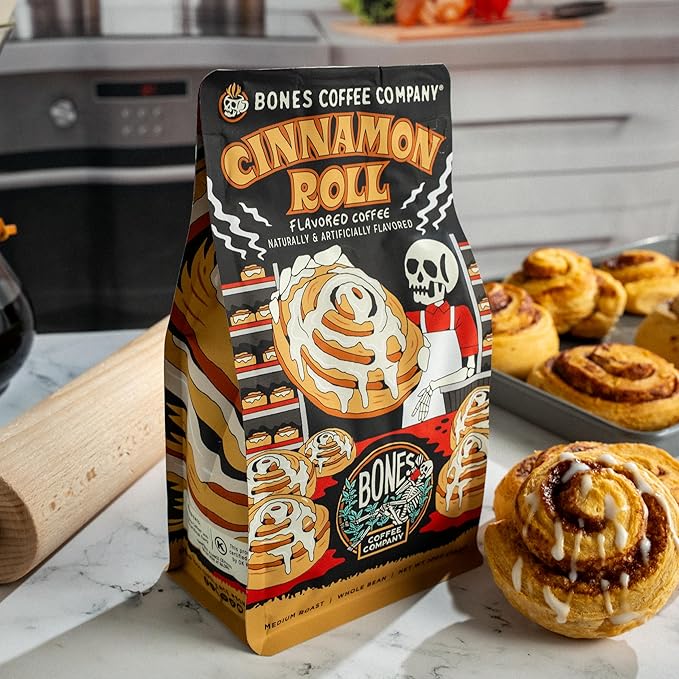 Bones Coffee Company Cinnamon Roll Flavored Coffee, Medium Roast Low Acid Arabica Beans Compatible