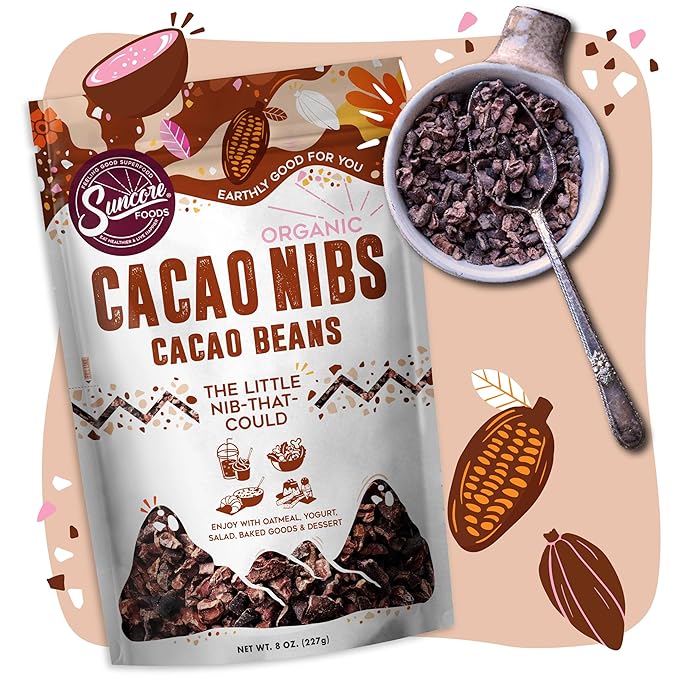 Suncore Foods Organic Cacao Nibs, Gluten-Free, Non-GMO, 8oz (1 Pack)