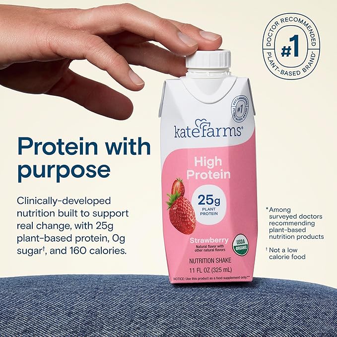 KATE FARMS Organic High Protein Strawberry Nutrition Shake, 25g Protein, 6g Fiber, 27 Vitamins and