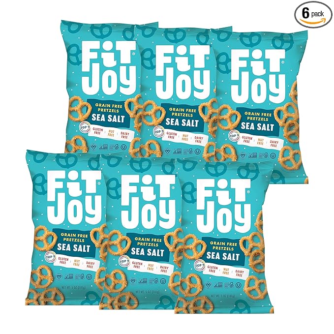 FitJoy Sea Salt Pretzels (Pack of 6, 5 Oz) - Dairy, Nut & Gluten Free Snacks - Grain Free Cassava