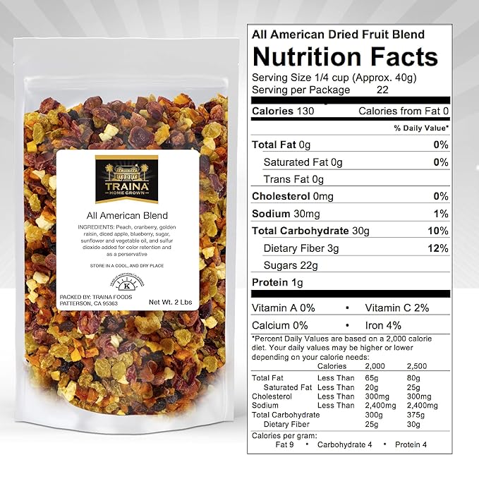 Traina Home Grown All American Sun Dried Fruit Blend - Diced Peaches, Cranberries, Blueberries