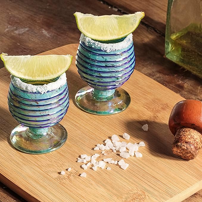 Authentic Mexican Tequila Hand Blown Shot Glasses - Set of 4-2 oz - Mini Glass Snifters - Heavy