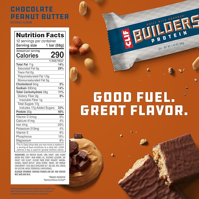 CLIF BUILDERS Protein Bars - Chocolate Peanut Butter Flavor - 20g Plant Based Protein - Gluten Free