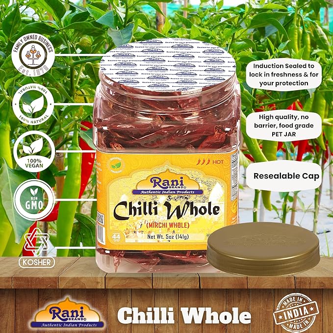 Rani Chilli Whole (Lal Mirch Sabut) 5oz (141g) PET Jar ~ All Natural, Salt-Free | Vegan | No Colors