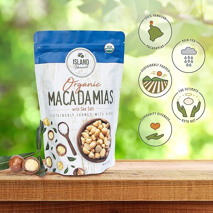 Island Harvest Organic Macadamia Nuts with Sea Salt - 100% Hawaiian Keto Friendly Nuts, All-Natural