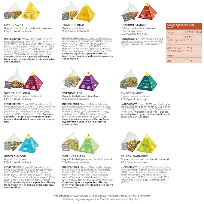 Creano Organic Herbal Tea Gift Set "Organic Herbal Tea" – 12 Pyramid Tea Bags in 9 Different