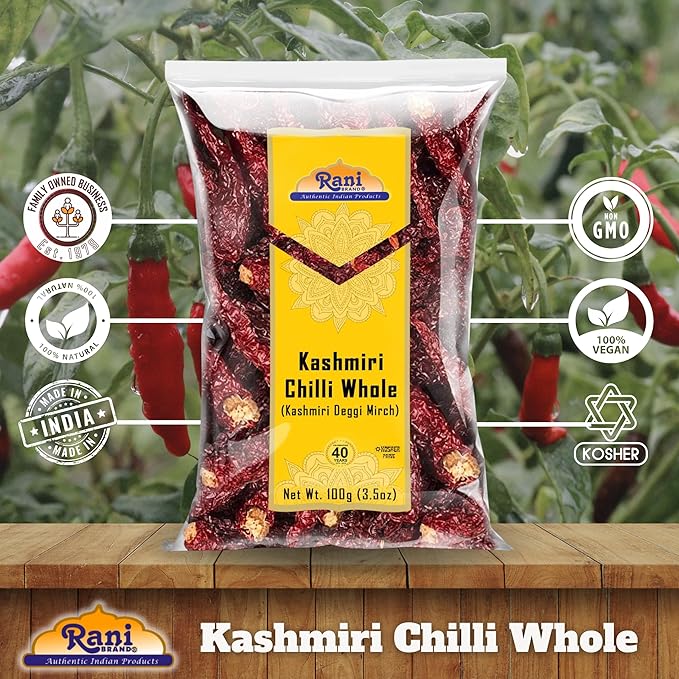 Rani Kashmiri Chilli Whole (Deggi Mirch, Low Heat) 3.5oz (100g) ~ Natural | Salt-Free | Vegan | No