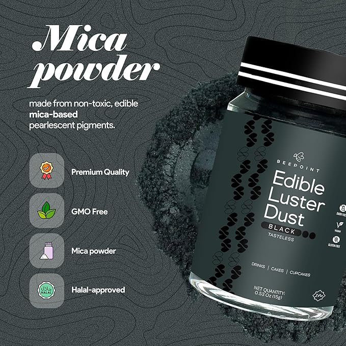 BeePoint Black Edible Luster Dust 15g - Food Grade, Vibrant Color Shimmer Powdered Dust for Drinks