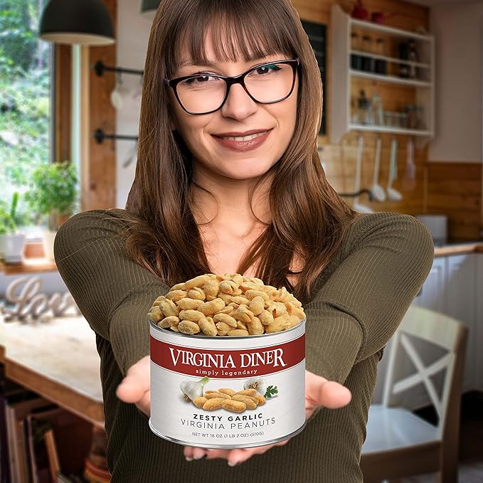 Virginia Diner - Zesty Garlic Seasoned Extra Large Virgnia Peanuts 18oz in Resealable Can for