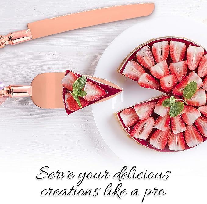 Homi styles Wedding Cake knife and Server Set | Elegant Rose Gold Color Premium 420 Stainless Steel
