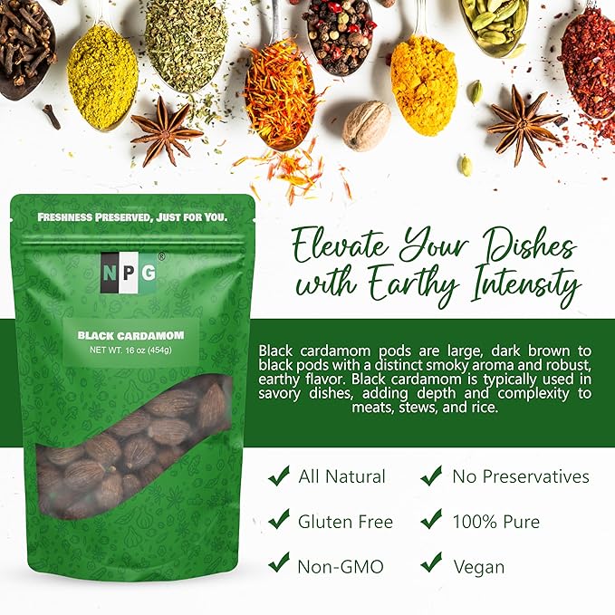 NPG Premium Black Cardamom Pods (Tsao Ko/Cao Guo) 16 Ounces Whole, Large, and Aromatic Brown Seed