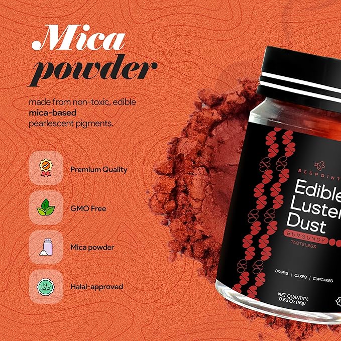 BeePoint Burgundy Edible Luster Dust 15g - Food Grade, Vibrant Color Shimmer Powdered Dust for