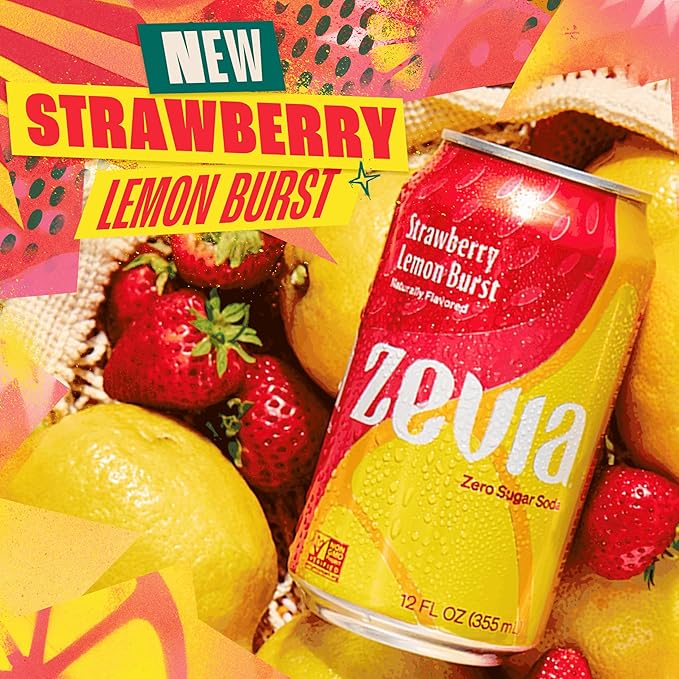 Zevia Zero Sugar Soda, Strawberry Lemon Burst, 12 oz Cans (8-Pack) ??Naturally Sweetened, Zero