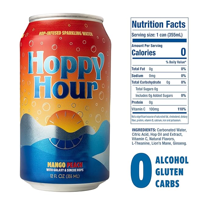 Hoppy Hour Sparkling Hop Water, Non-Alcoholic and Adaptogens Drink, Zero Sugar and Calories, Tasty
