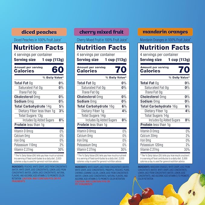 Dole Diced Peaches, Mandarin Oranges, and Cherry Mixed Fruit in 100% Juice Variety Pack - Dole