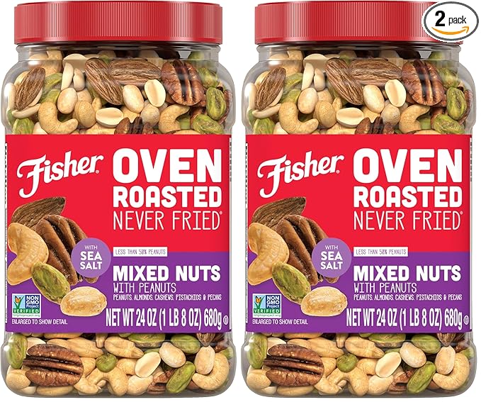 Fisher Oven Roasted Never Fried Mixed Nuts with Peanuts, 24 Ounces (Pack of 2), Peanuts, Almonds