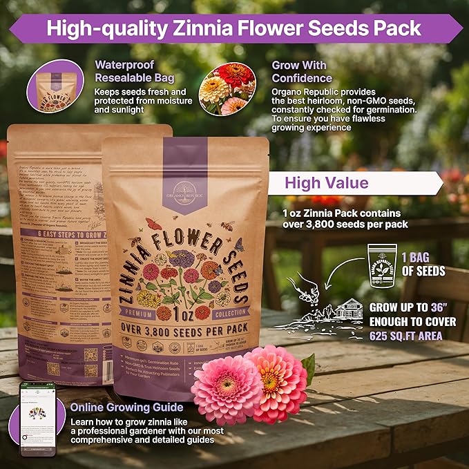 Zinnia Seeds Pack 1 oz - Over 3,800 Non-GMO Heirloom Zinnia Seeds for Planting, Annual Flowers in