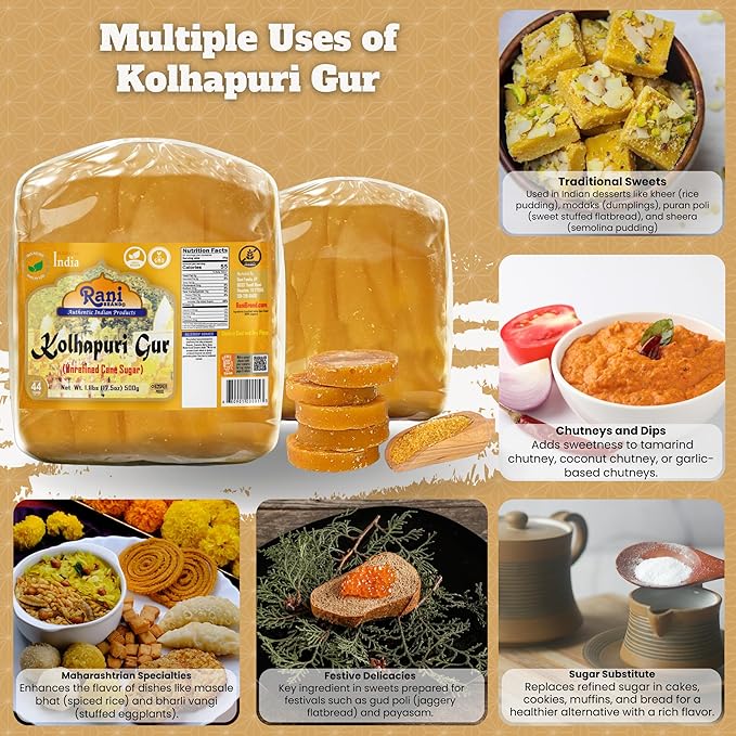 Rani Kolhapuri Gur (Jaggery) 17.5oz (1.1lbs) 500g ~ Unrefined Cane Sugar, No Color added, Gluten