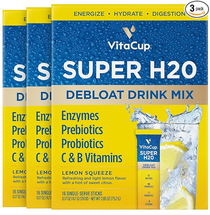 VitaCup Super H2O Bloating Relief and Digestive Health Drink Mix Packets, Probiotics, Prebiotics, C