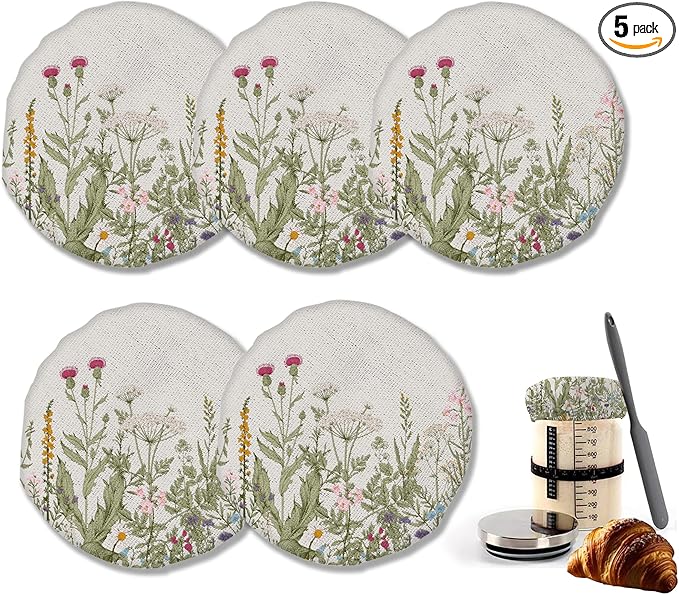 Herbs 5- Pack Cloth Covers for Sourdough Starter Jar, Wild Flowers Cloth Covers Reusable Lid Top