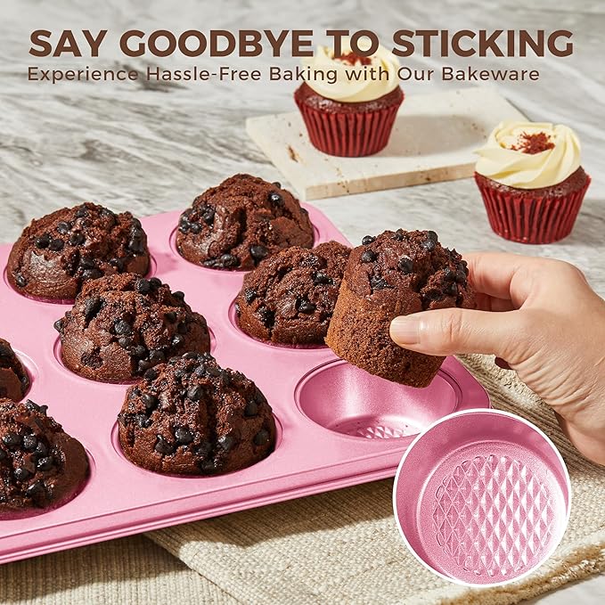 HONGBAKE 9-Piece Baking Pans Set Nonstick, Stackable Non Toxic Bakeware Sets with Diamond Texture