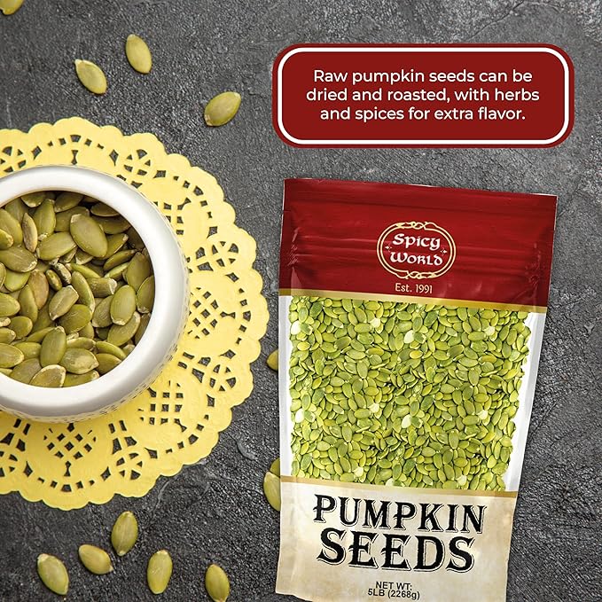 Raw Pumpkin Seeds 5 LB Jumbo Bag - Shelled, AAA Grade, Unsalted, Dry, Vegan, Bulk Bag by Spicy World
