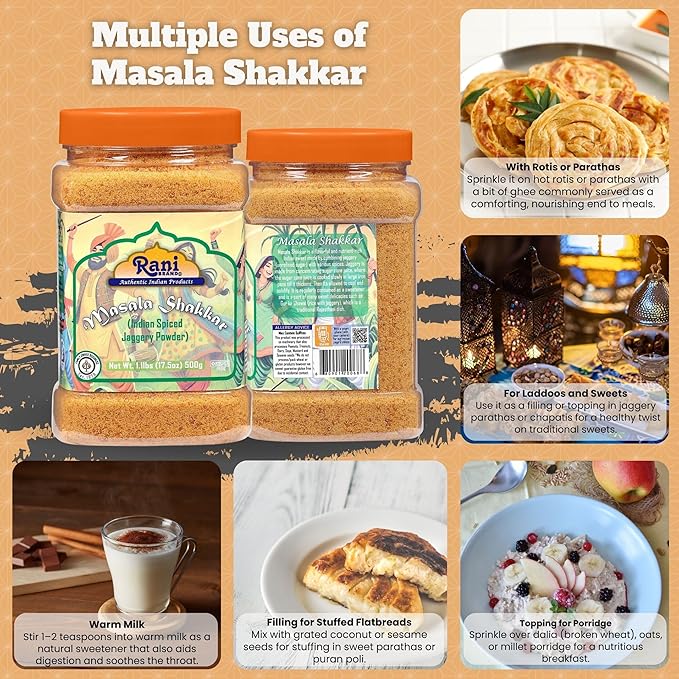 Rani Masala Shakkar (Indian Spiced Jaggery Powder) Unrefined Raw Cane Sugar 17.5oz (1.1lbs) 500g