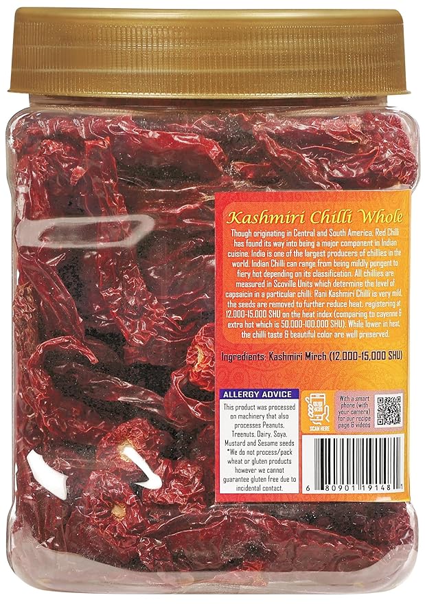 Rani Kashmiri Chilli Whole (Deggi Mirch, Low Heat) 5oz (141g) PET Jar ~ Natural | Salt-Free | Vegan