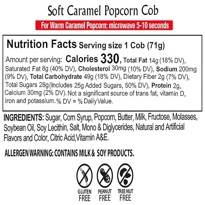 Caramel Cob Soft Caramel Popcorn ??16 Individually Wrapped 2.5 oz Bars ??Gluten-Free, Peanut & Tree