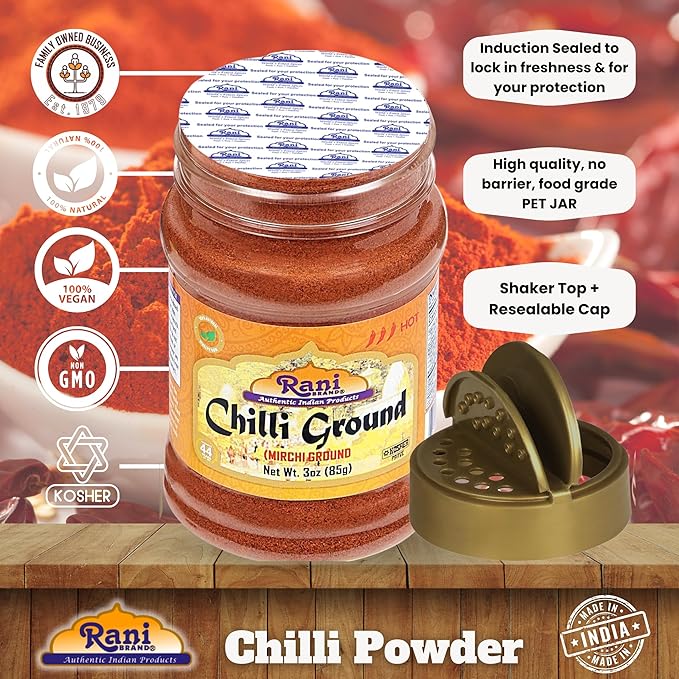 Rani Chilli Powder (Mirchi) Ground Indian Spice 3oz (85g) PET Jar ~ All Natural | Salt-Free | Vegan