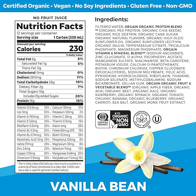 Orgain Organic Nutritional Vegan Protein Shake, Vanilla Bean - 16g Plant Based Protein, Meal
