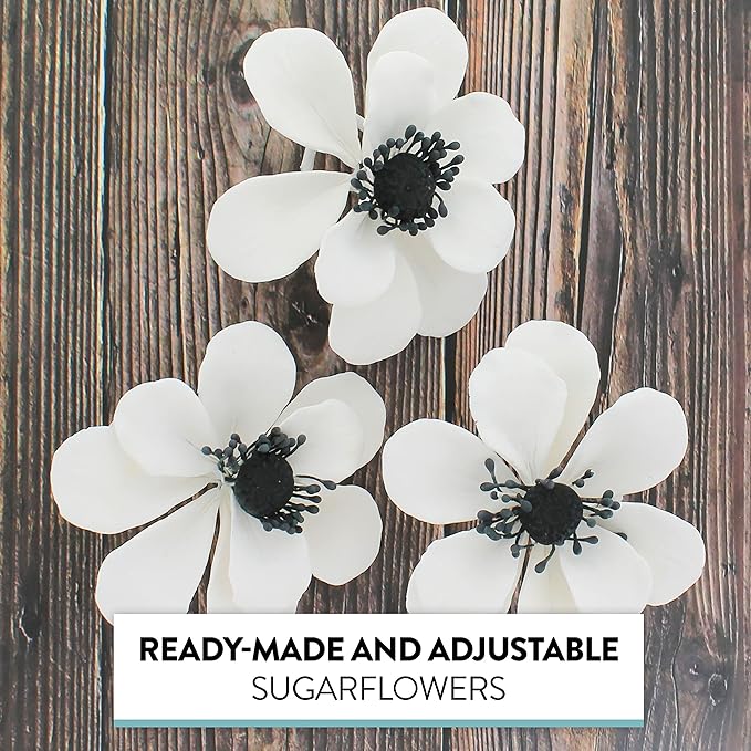 Global Sugar Art Poppy Anemone Sugar Cake Flowers White with Black Center, 3 Count by Chef Alan
